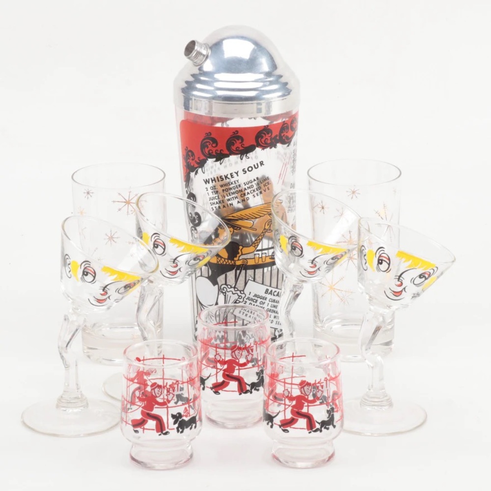 Mid Century Cocktail Shaker and Barware Featuring Gay Fad Martini Glasses